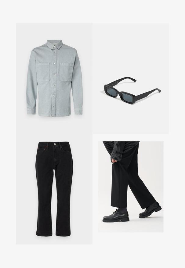 Jasnoniebieska koszula dżinsowa z długim rękawem, zapinana na guziki z przodu, z dwoma kieszeniami na piersi oraz srebrnymi zatrzaskami. Klasyczny kołnierzyk i prosty krój.; Czarne dżinsy o prostym kroju, pięć kieszeni, metalowe elementy wykończenia w miedzianym kolorze. Gładka tekstura i średni stan.; Czarne skórzane buty z okrągłym noskiem, sznurowanym zapięciem i grubą, fakturowaną podeszwą. Noszone z dopasowanymi czarnymi spodniami i swetrem z prążkowanej tkaniny.; Czarne prostokątne okulary przeciwsłoneczne z ciemnymi soczewkami. Błyszcząca oprawka, proste ramiona z lekkim zakrzywieniem. Minimalistyczny design, bez ozdób.
