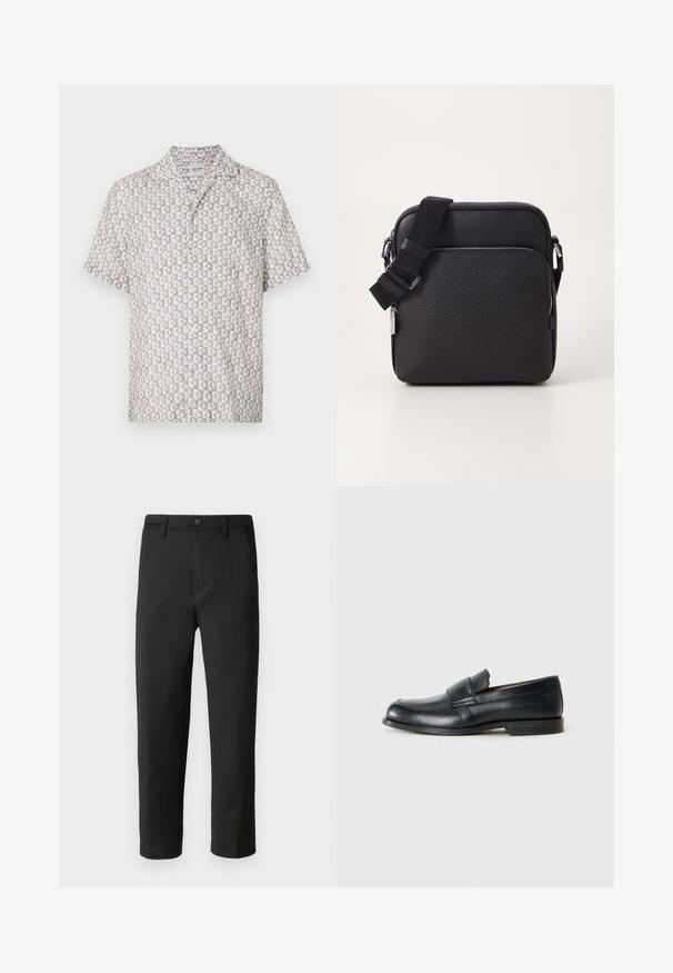 Koszula z krótkim rękawem wykonana z lekkiego materiału, z geometrycznym wzorem w jasnoszarym i białym kolorze, z kołnierzykiem i zapięciem na guziki.; Czarne spodnie o prostym kroju, wykonane z gładkiego materiału. Posiadają zapięcie na guzik i szlufki na pasek. Bez widocznych wzorów ani akcentów.; Czarne skórzane mokasyny z zaokrąglonym noskiem, przeszyciami i płaską gumową podeszwą. Posiadają szeroki pasek na śródstopiu.; Czarna skórzana torba crossbody o teksturowanej powierzchni, z przednią kieszenią na zamek, regulowanym paskiem i metalowymi akcentami.
