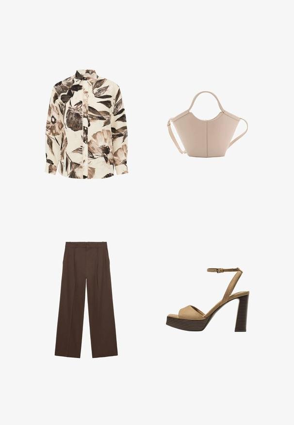 Lange mouwblouse van crèmekleurige stof met grote donkere bloemenprint, voorzien van een knoopsluiting aan de voorkant en een klassieke kraag. Zachte textuur, ontspannen pasvorm.; Bruine wijde broek gemaakt van een gladde stof, met een hoge taille, voorplooien en twee zijzakken.; Beige suède hoge hakken sandalen met een brede voorband en enkelband, met een dikke houten blokhak met een gestructureerde afwerking.; Beige leren handtas met een unieke vorm, voorzien van twee korte handvatten en een lange verstelbare schouderriem. Glad oppervlak met minimale hardware.