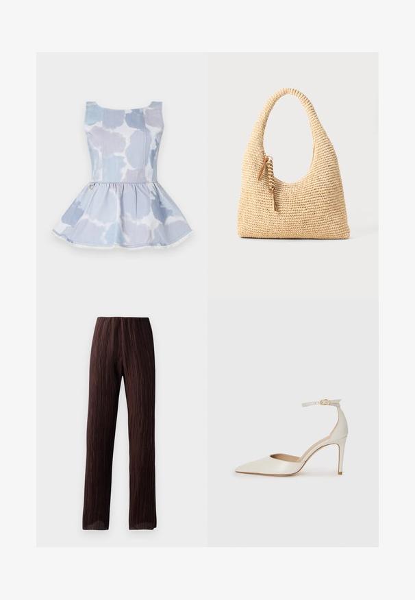 Denim peplum top in lichtblauw met een tie-dye patroon, voorzien van een ronde hals en een gouden accentdetail bij de taille.; Bruine wijde broek met geplooid design, hoge tailleband en een vloeiende uitstraling. Gemaakt van lichtgewicht stof. Geen zichtbare sluitingen.; Witte leren hoge hak schoen met een spitse neus, enkelbandje en een slanke stiletto hiel. Gladde textuur met een subtiele glanzende afwerking.; Geweven beige handtas met een gebogen handvat, textuur oppervlak en een bruine kwastdetail. Heeft een slonzige, hobo-vorm.