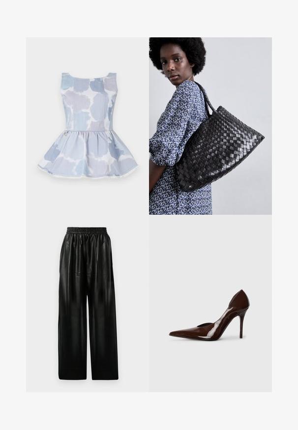 Top de mezclilla peplum en azul claro con un patrón de tie-dye, que presenta un escote en forma de barco y un detalle dorado en la cintura.; Pantalones anchos de cuero negro con cintura elástica, que cuentan con dos bolsillos laterales y una textura suave y brillante.; Zapato de tacón alto de charol marrón con punta afilada y laterales recortados, que presenta un tacón delgado y un acabado suave.; DRAGON DIFFUSION SANTA CROCE - Bolso de mano - black