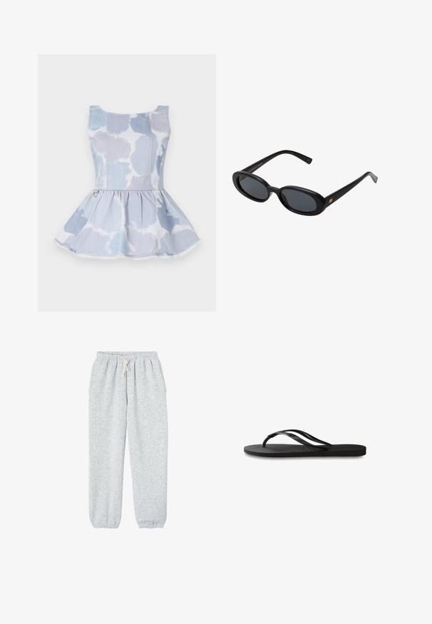 Hele sinine peplum top, millel on tie-dye muster, ümar kaelus ja kuldne aksentdetail vööl.; Hallkondid pehmetest kangast hallid dressipüksid, millel on elastne vöökoht koos nööriga ja elastsed mansetid pahkluudel.; Mustad mustes suss, millel on tekstureeritud kummist põhi, kaks peenikest rihma ja tagasihoidlik, reljeefne logo detail rihmal.; Mustad mustad prillid ovaalsete läätsedega, sujuvast plastmassraamist ja kuldsete aktsentidega tempel. Tumedaid läätsi, mis pakuvad päikese kaitset.