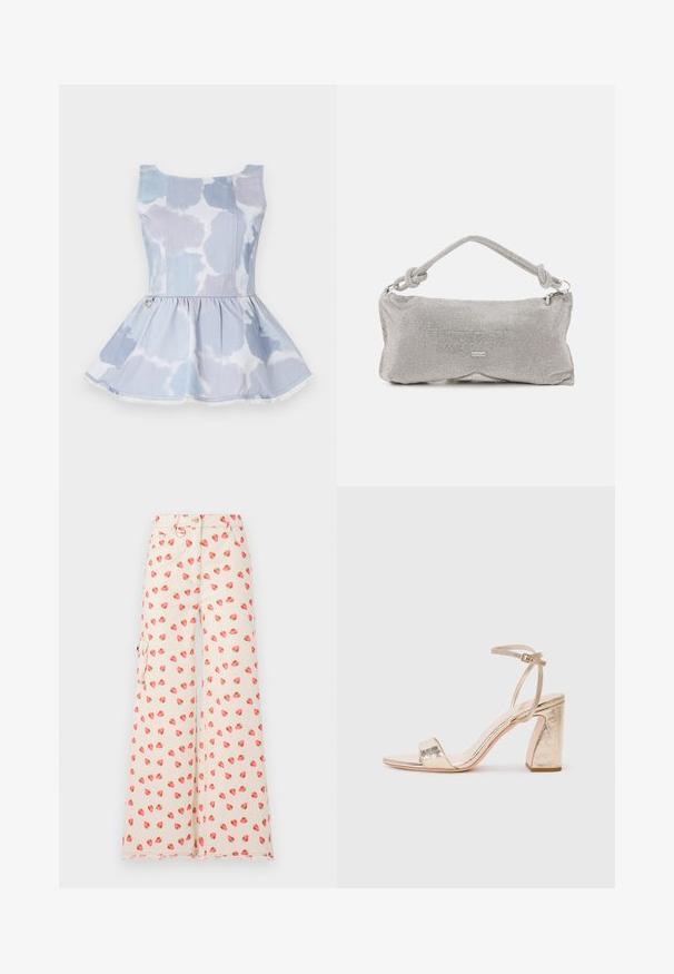 Denim peplum top in light blue with a tie-dye pattern, featuring a scoop neckline and a gold accent detail at the waist.; Wide-leg pants made from a beige fabric, featuring a strawberry pattern in red and green. Includes side pockets and a frayed hem.; Gold metallic high-heeled sandal features a wide strap over the toes, adjustable ankle strap, and a textured block heel.; Metal mesh shoulder bag in silver, featuring a knotted handle, zip closure, and geometric body shape with a smooth texture.