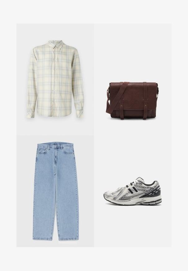 Világos bézs hosszú ujjú ing, amelyet visszafogott kék és szürke árnyalatokkal készült kockás minta díszít. Klasszikus gallér és gombos eleje van. Puha textúrájú anyag.; Fehér pamut ujjatlan felső kerek nyakkivágással, széles vállpántokkal és egyenes szegéllyel, sima textúrával, látható minták nélkül.; Világoskék farmernadrág egyenes szárú kivitelben, közepes derékkal, öt zsebbel, gombos és cipzáros záródással.; Férfi futócipők fehér hálós anyagból, fekete kiegészítőkkel, párnázott talppal, fűzős kivitelben, és strukturált felülettel a tapadás érdekében.; Barna bőr válltáska, lapos elülső fedéllel, két pánttal, arany színű fém kiegészítőkkel és állítható vállpánttal.