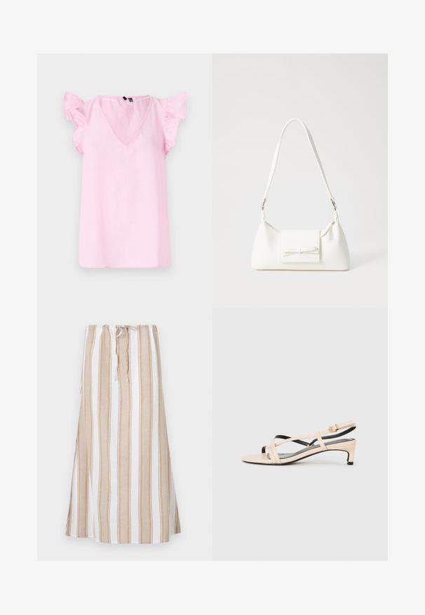 Rozā lina tops ar V veida izgriezumu, īsām viļņainām piedurknēm un brīvu piegriezumu. Auduma tekstūra izskatās viegla un nedaudz krunkaina.; Svītrainā svārki baltā un gaiši brūnā krāsā, ar aukliņu jostu un garu, plūstošu dizainu. Izgatavoti no viegla auduma ar brīvu piegriezumu.; Bežīgas ādas siksniņu sandalēs ar sakrustotām siksnām, zemu papēdi un melniem akcentiem. Gluda tekstūra un minimālistisks dizains.; Balta sintētiska soma ar trīsstūrveida formu, plakanu priekšējo vāciņu un loku detaļu, regulējamu siksnu, gludu tekstūru un minimālistisku dizainu.