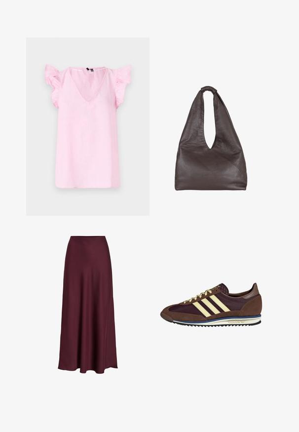 Rózsaszín vászon felső V-nyakkal, rövid fodros ujjal és laza szabással. Az anyag textúrája könnyűnek és enyhén gyűröttnek tűnik.; Bordó selyem maxi szoknya sima textúrával, magas derékkal és egy lágyan elágazó siluettel, amely finoman bővül az alsó szegélynél.; Barna és bordó sneaker velúr és hálós anyagból, három krémcsíkkal, texturált anyaggal a nyelvén és gumitalppal.; Barna bőrtáska laza, túlnyúló dizájnnal. Hurok fogantyúval és mély V-alakú nyílással rendelkezik a könnyű hozzáférés érdekében. Puha textúra, minimalista stílus.