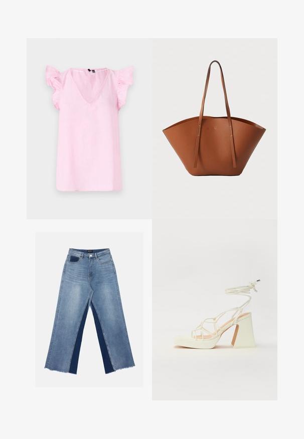 Top in lino rosa con scollo a V, maniche corte a volant e vestibilità ampia. La texture del tessuto appare leggera e leggermente stropicciata.; Jeans a gamba larga di colore azzurro chiaro con pannelli in blu scuro a contrasto, orli sfilacciati e vita standard con chiusura a bottone metallico.; Sandalo bianco con tacco alto, caratterizzato da un design a cinturini e un legaccio alla caviglia. Texture liscia con una piattaforma frontale per un'altezza aggiuntiva.; Borsa tote in pelle marrone con una forma ampia e strutturata, manici sottili e una finitura testurizzata. Presenta un design minimalista senza hardware visibile.