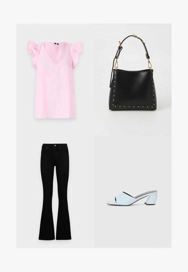 Rožinė lininė palaidinė su V formos iškirpte, trumpomis rafinuotomis rankovėmis ir laisvu siluetu. Audinio tekstūra atrodo lengva ir šiek tiek raukšlėta.; Juodos aukšto liemens džinsai su mygtuku ir užtrauktuku, priekinėmis kišenėmis ir platėjančiomis kojomis, išdėstyti ant baltos fono.; Šviesiai mėlynos atvirų pirštų kulno mules su geometriniu dizainu, turinčios plačią juostą per pėdą ir stambų, kampuotą kulną.; Juodas odinis rankinės su griežtu pavidalu, su auksiniais kalnų taškeliais aplink kraštus ir nuimamu diržu su auksinėmis detalėmis.