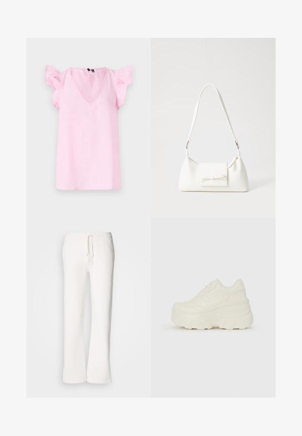 Roosa linaülikond V-kujulise lõikega, lühikeste volangkäistega ja lõdva istuvusega. Kanga tekstuur tundub kerge ja kergelt kortsunud.; Valged, mugavad spordipüksid, mis on valmistatud pehmest kangast, elastse talje ja nööridega, sirgete jalgadega disainiga.; Valged platvormi tõusukingad, millel on siledast nahast meenutav pealis, ümar kuju, pehmendatud kaelus ja tekstureeritud kummitald koos selgete hüdrofoobsete mustritega.; Valge sünteetilisest materjalist kott kolmnurkse kujuga, lame esiklapiga ja kaaredetailiga, reguleeritava rihmaga, sileda tekstuuriga ja minimalistliku disainiga.