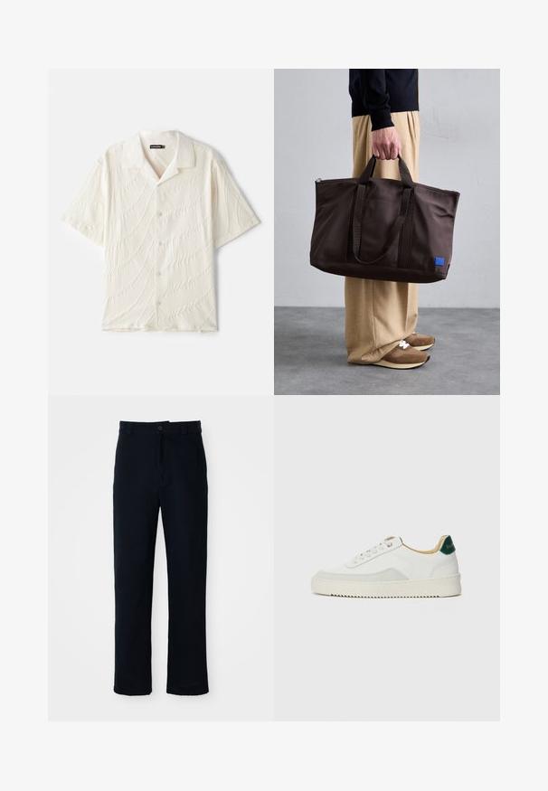 Koszula krótki rękaw, zapinana na guziki, w kolorze ecru, z tkaniny o fakturze z falistymi wzorami oraz klasycznym kołnierzykiem.; Granatowe spodnie wykonane z bawełny, z prostą nogawką, z zapięciem na guziki z przodu oraz klasycznym pasem z pętelkami na pasek.; Białe trampki z zamszowymi akcentami, zaokrąglony czubek, płaskie sznurowadła i kremowa gumowa podeszwa. Posiadają zielone logo na pięcie.; Brązowa torba tote z nylonu, z podwójnymi uchwytami, zamknięciem na zamek błyskawiczny i niebieską naszywką z logo. Gładka tekstura, zorganizowany design, przestronne wnętrze.