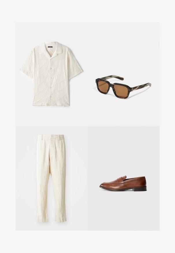 Camisa de botones de manga corta en color blanco roto, con una tela texturizada que presenta patrones en forma de olas y un cuello clásico.; Pantalones de lino beige con un ajuste holgado, piernas entalladas y parte delantera plana. Presentan una cintura elástica para comodidad y un mínimo detalle de costura.; Mocasines de cuero marrón con punta redondeada, costuras mínimas y un tacón bajo y cuadrado. Presentan una tira decorativa a lo largo del empeine.; Gafas de sol de plástico con un patrón de carey, lentes marrones octagonales y delgados acentos de hardware dorado en la montura.