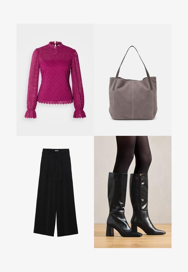 Morgan TYRIA - Pusero - orchidee; Mustat leveät housut, joissa on teksturoitu kangas, joustava vyötärö ja irrotettava nauha vyötäröllä säädettävää istuvuutta varten.; Mustat nahkasaappaat, jotka ulottuvat polven yli, kiiltävän pinnan kanssa, terävä kärki ja paksu kantapää. Sivuvetoketju helpottamassa pukemista.; Harmaan mokkanahkainen olkalaukku, jossa on kaksi tummasta nahasta tehtyä kahvaa. Mukana on kirjontayksityiskohtia sivuilla, pehmeä rakenne ja tilava suuaukko.; Neljä hopeista rengasta eri muotoiluilla: kierretty pöytä, kerrokselliset kaaret, herkät kristallit ja sileä rengas, jossa on pieniä yksityiskohtia.