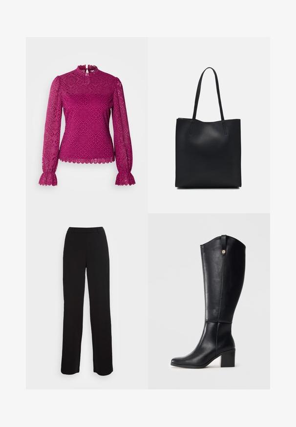 Morgan TYRIA - Blúz - orchidee; Fekete nadrág, egyenes szabású, sima textúrájú és formához illeszkedő derékvonallal. Elöl zsebekkel rendelkezik, és minimalista varrási részletekkel bír.; Fekete, térd fölé érő bőrcipők négyzet alakú orral és tömb sarkal. Oldalsó varrással és dekoratív fém kiegészítővel a tetején.; Fekete bőrtáska sima felszínnel, téglalap alakú, két hosszú füllel. Nincs látható fémkiegészítő vagy díszítés.
