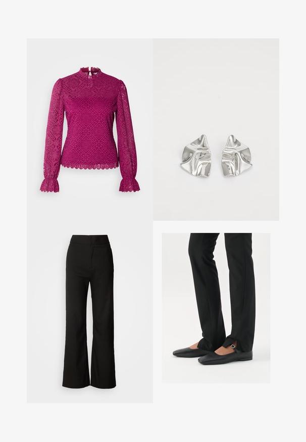 Morgan TYRIA - Blusa - orchidee; Calças largas pretas com uma textura suave, cintura alta e um design clean. Sem bolsos visíveis ou adornos.; Sapatilhas de balé pretas em couro com bico fino, tira com fivela prateada, combinadas com calças pretas ajustadas com bainha fendida.; Brincos de metal prateado com um design ondulante e escultural, apresentando um acabamento polido e formas irregulares, destacando uma estética contemporânea.