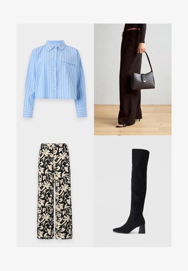 Světle modrá zkrácená košile s bílými vertikálními pruhy, knoflíkovým zapínáním vpředu, límečkem a jednou kapsou na hrudi. Směs bavlny, hladká textura.; Černé kalhoty s širokými nohavicemi a krémovým květinovým vzorem. Vyrobené z lehké tkaniny, s hladkým povrchem a vysokým pasem.; Černé semišové vysoké boty s blokovým podpatkem, špičatou špičkou a hladkým, bezšvovým designem na jednoduchém světlém pozadí.; Černá kabelka se strukturovaným tvarem, hladkým povrchem a kovovým uzávěrem. Kombinována s širokými černými kalhotami a sandály s otevřenou špičkou na dřevěné podlaze.