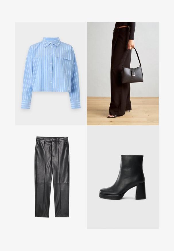 Gaiši zils īsais krekls ar baltām vertikālām svītrām, pogu aizdare priekšā, apkakle un viena krūšu kabata. Kokvilnas maisījums, gluda tekstūra.; Melni ādas bikses ar gludu tekstūru, taisnas piegriezuma, divi priekšējie kabatas un redzami šuvju izstrādājumi.; Melna ādas potīšu zābaku ar bloku papēdi un platformas zoli, skatīts no sāna uz vienkārša balta fona.; Melnā somiņa ar strukturētu formu, gludu tekstūru un metālu sprādzi. Saskaņota ar platām melnām biksēm un sandālēm ar atvērtu purngalu uz koka grīdas.