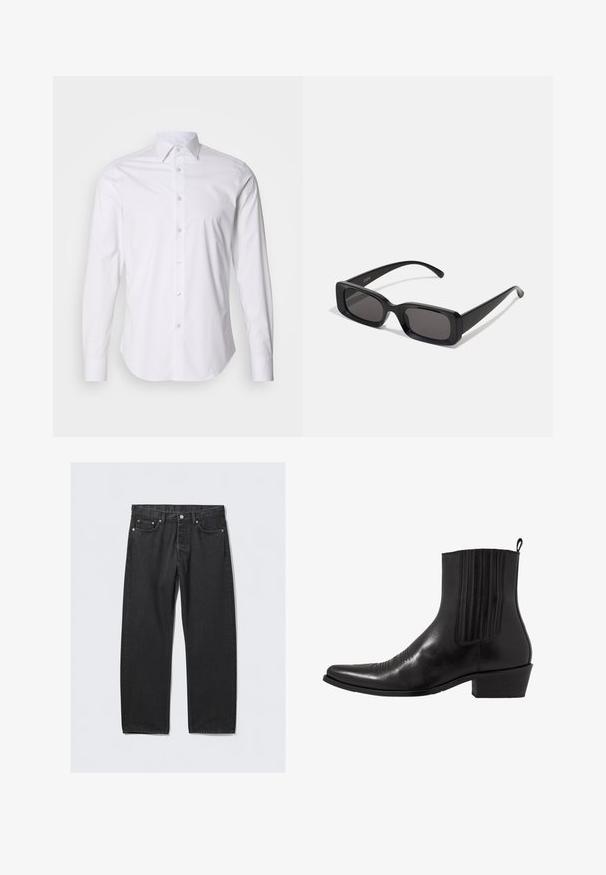 Fehér hosszúujjú ing kicsi tengerészkék pöttyökkel, gombos gallérral és finom fénylő anyaggal, ívelt alsó résszel és standard gombolású elülső résszel.; Fekete farmernadrág egy egyenes szabással, gombos záródással, öt zsebből és rézszínű fém kiegészítőkből áll. Sima tapintású.; Fekete bőr ankle boot, hegyes orral, rugalmas oldalpanellel, függőleges varrásokkal és alacsony blokk sarokkal.; Fekete, téglalap alakú napszemüveg sötét lencsékkel, fényes felülettel, széles szárakkal és masszív keret designnal. Az egyik szárra gravírozott márkanevével.