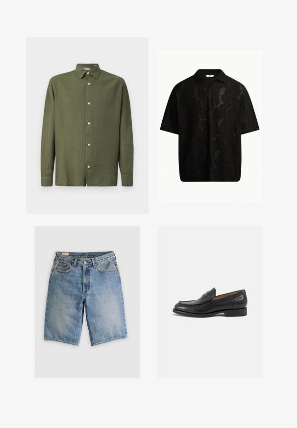 Õlivärvi pika varrukaga särk, mis on valmistatud tekstuurilisest kangast. Omab nööpidega esiosa ja klassikalist kaelust, viie nööpiga nööpimisega.; Must värvitud lühikeste varrukatega polo särk, millel on tekstureeritud abstraktne muster. Krae on lame ja veidi avatud, rõhutades lõdva disaini.; Heledsinine teksapükste lühike mudel klassikalise lõikega. Sellel on viis taskut, oranžad õmblused ja toorikud servadega.; Mustad mustad nahast loafers, sujuva viimistlusega, ümar sirge ja dekoratiivne tikand peal. Madal ja kergelt kuhjatud konts ning kerge läige.