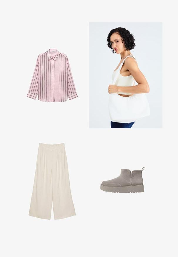 Camicia a maniche lunghe di un tenue rosa chiaro, con bottoni, strisce verticali nere, colletto classico e maniche con polsini. Tessuto morbido con una trama liscia.; Pantaloni larghi in lino di colore beige chiaro con un design plissettato e una vita elasticizzata per comfort e facilità d'uso.; Stivale alla caviglia in suede grigio, dal profilo basso, con pannelli laterali elastici e suola in gomma testurizzata. Presenta un inserto per una facile calzata.; Borsa a spalla bianca realizzata in materiale morbido, con un ritaglio ovale e un design a tracolla ampia. Semplice e moderna, senza hardware visibili.