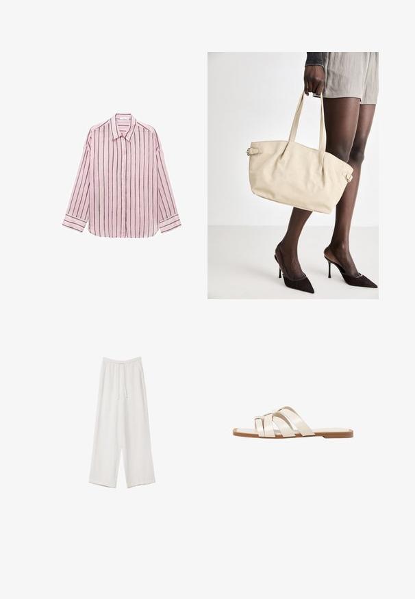 Jasnoróżowa koszula z długim rękawem, zapinana na guziki, z pionowymi czarnymi paskami, klasycznym kołnierzykiem i mankietami. Miękka tkanina o gładkiej fakturze.; Białe spodnie o szerokich nogawkach wykonane z lekkiego materiału. Posiadają elastyczny pas z sznurkiem i boczne kieszenie. Gładka tekstura.; Płaskie sandały z brązową gumową podeszwą, zaprojektowane z trzema nakładającymi się na siebie białymi skórzanymi paskami i małym detalem w postaci kokardy na środku.; Beżowa torba typu tote o gładkim wykończeniu skórzanym, ze sztywną formą, dwoma uchwytami i bocznymi klamrami. Połączona z eleganckimi czarnymi szpilkami.