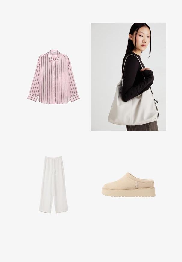 Světle růžová košile s dlouhým rukávem, knoflíkovým zapínáním, s vertikálními černými pruhy, klasickým límečkem a manžetami. Měkká látka s hladkým povrchem.; Bílé široké kalhoty vyrobené z lehké tkaniny. Mají elastický pas se šňůrkou a boční kapsy. Hladká textura.; Krémové semišové boty na klínku s kulatou špičkou a silnou, texturovanou podrážkou. Vyznačují se minimálním šitím a měkkým designem.; Beige kabelka vyrobená z měkkého materiálu, s volným designem, prošívanými detaily a dvěma ramenními popruhy. Vhodná pro každodenní použití.