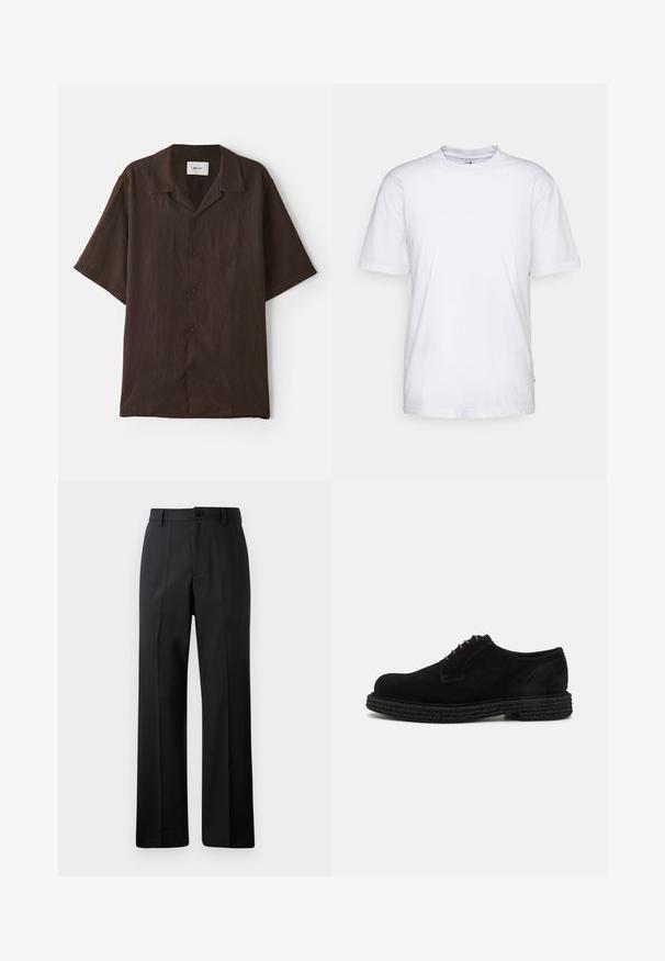 Short-sleeve, button-up shirt in dark brown fabric with a flat collar. Features a relaxed fit and subtle texture. No visible patterns or accents.; White cotton t-shirt with a crew neck, short sleeves, and a straight hem. Features a small brand tag on the left side seam.; Black straight-leg trousers with belt loops, front button, and zipper closure, displayed against a plain white background.; The Antipode DERBY - Lace-ups - black