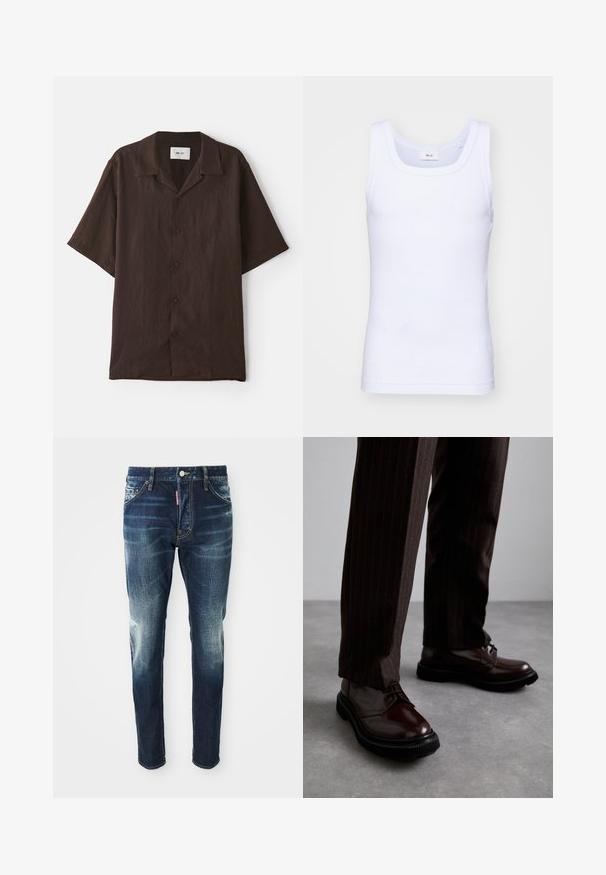 Kurzarm-Hemd mit Knopfleiste aus braunem Stoff und flachem Kragen. Hat eine lockere Passform und eine dezente Textur. Keine sichtbaren Muster oder Akzente.; Weißes Baumwoll-Top ohne Ärmel mit rundem Ausschnitt, ausgestattet mit einer glatten Textur und einer figurbetonten Form, ideal für die Freizeit.; Dunkelblaue Jeans im Slim-Fit-Schnitt, mit verwaschenen Stellen an den Oberschenkeln und Knien, fünf Taschen und einem Metallknopfverschluss.; Braune Leder Schnürschuhe mit glänzender Oberfläche, schwarzer Gummisohle und dezenten Nähten. Getragen mit braunen Angabenhosen mit Nadelstreifen.