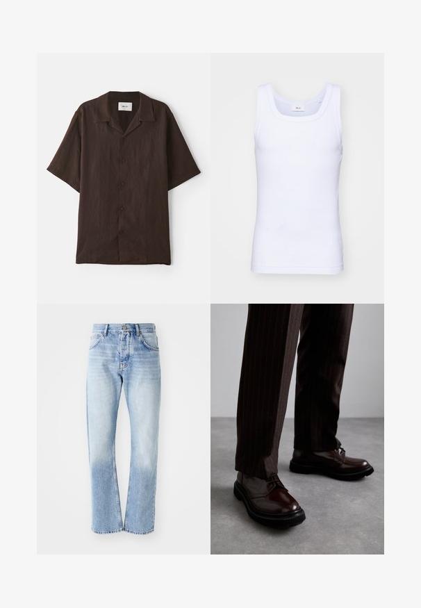 Kortärmad, knäppt skjorta i mörkbrunt tyg med platt krage. Har en avslappnad passform och subtil textur. Inga synliga mönster eller detaljer.; Vit bomullslångärmad tanktop med rund halsringning, med en slät yta och en figurnära passform, designad för avslappnad användning.; Ljusblå denimjeans med rak benform. Har en femficksdesign, knappgylf och blekt utseende mot botten.; Bruna läder snörskor med en glänsande yta, svart gummisula och subtila sömmar. Matchas med bruna byxor med ränder.