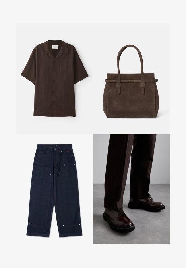 Kortærmet, knap-up skjorte i mørkebrun stof med flad krave. Har en afslappet pasform og subtil tekstur. Ingen synlige mønstre eller accenter.; Hvid bomulds ærmeløs tanktop med rund halsudskæring, der har en glat tekstur og en tætsiddende pasform, designet til casual brug.; Mørk denim bredbukser med to frontlommer, sølvhardware-detaljer og kontrasterende rød syning. Har knaplukning og brandlogo.; Brune læder snørebåndssko med en glat finish, sort gummisål og diskret syning. Båret med brune bukser med striber.; Mørkebrune suede tote-tasker med to håndtag og et vandret bånd med en lille gul DSQUARED2 logo-plakette.