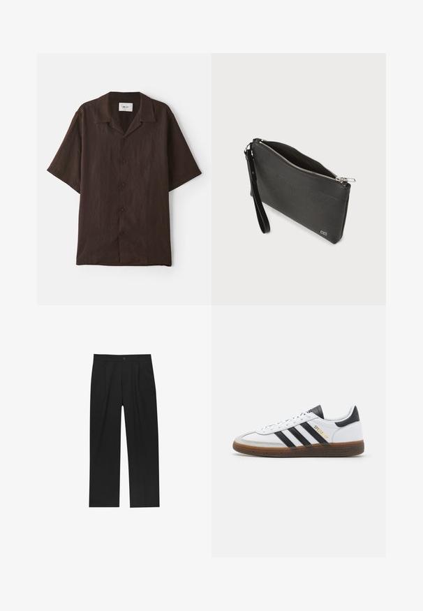 Korte mouwen, kastshirt in donkerbruine stof met een platte kraag. Heeft een relaxte pasvorm en subtiele textuur. Geen zichtbare patronen of accenten.; Zwarte broeken met een recht model, gemaakt van een gladde stof. Voorzien van een voorplooien en een enkele knoopsluiting bij de taille.; Witte leren sneaker met zwarte suède accenten, drie zwarte strepen, beige rubberen zool en gouden "SPEZIAL" branding aan de zijkant.; Zwarte clutch met gestructureerd leer, zachte accenten, bovenrits en afneembare polsband. Compact rechthoekig ontwerp, minimale branding.
