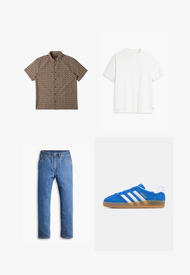 Koszula z krótkim rękawem, zapinana na guziki, w odcieniach brązu z wzorem w kratę, z kieszenią na piersi i kołnierzykiem typu spread.; Biała bawełniana koszulka z krótkim rękawem, okrągłym dekoltem i dyskretnym logo Levi's nadrukowanym na środku. Miękka tekstura i standardowy krój.; Niebieskie dżinsy o prostym kroju, z pięcioma kieszeniami, z zapięciem na guzik i pomarańczowymi przeszyciami na czystym białym tle.; Niebieskie zamszowe sneakersy z białymi paskami i napisem „Gazelle”. Posiadają gumową podeszwę i teksturowane akcenty na cholewce. Klasyczny design.