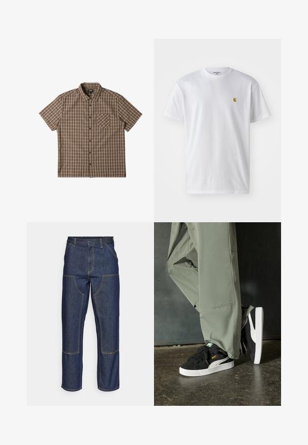 Korte mouw button-up shirt in bruin tinten met een ruitpatroon, voorzien van een borstzak en een verspreide kraag.; Witte katoenen t-shirt met korte mouwen en ronde hals, voorzien van een klein gouden logo op de linkerkant van de borst. Zachte textuur en een normale pasvorm.; Donkerblauwe denim jeans met een hoge taille, rechte pijpen, contrasterende stiksels en opgestikte zakken aan de voorkant.; Zwarte suède sneakers met witte rubberen zolen en zijstrepen, gecombineerd met lichtgroene cargobroeken, staande op een gestructureerd donker oppervlak.