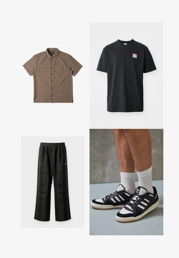 Kortærmet skjorte med knapper i brune nuancer med et ternet mønster, der har en brystlomme og en spredt krave.; Sort bomuld t-shirt med rund hals, korte ærmer og et lille farvet mærke på venstre bryst med ordet "SUPERIOR."; Sorte ternede bukser med elastisk talje, to forlommer og en løs pasform med lige ben. Fremstillet af letvægtsmateriale.; Sorte og hvide sneakers med en overdel i ruskind og læder, der har tre hvide striber, en perforeret tå og en sål i gummigummi.