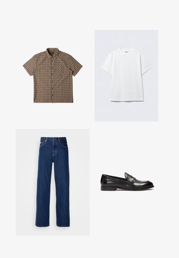 Camisa de manga corta con botones en tonos marrones con un patrón de cuadros, que incluye un bolsillo en el pecho y un cuello desplegado.; Camiseta blanca de manga corta hecha de algodón suave. Presenta un cuello redondo y un corte holgado, con una textura suave y un diseño limpio y sin adornos.; Vaqueros de mezclilla azul oscuro con un diseño de pierna ancha, que presentan un cierre de botón y el clásico estilo de cinco bolsillos. La tela tiene una textura suave.; Mocasín de piel negra con tacón bajo, que presenta una puntera de mocasín cosida y un diseño en el panel frontal. Textura suave con un acabado pulido.