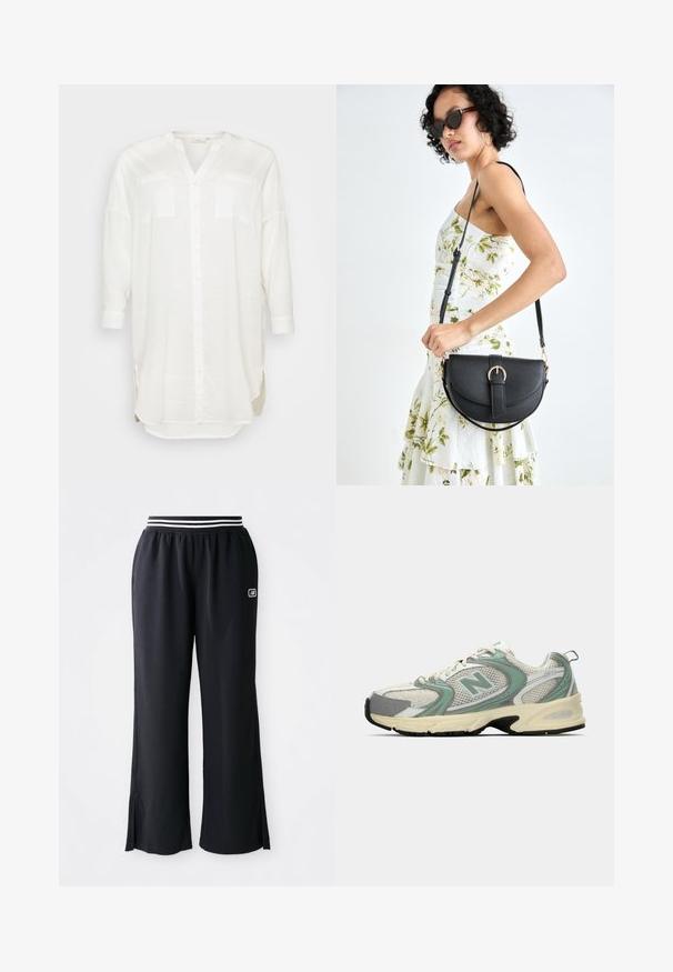 ONLY Carmakoma CARAPELDOORN SOLID V NECK SHIRT - Bluza - cloud dancer; Crne sportske hlače širokih nogavica, elastičan pojas sa crno-bijelim prugama i bočnim prorezima na rubu.; Bijeli i svijetlozeleni New Balance atletski tenisice s mrežastom tkaninom, bež đonom i crnim gaznim slojem, prikazani sa strane na jednostavnoj pozadini.; Crna kožna torba s lukovitim oblikom, odvojivim remenom i zlatnim detaljima. Torba ima preklop s kopčom.