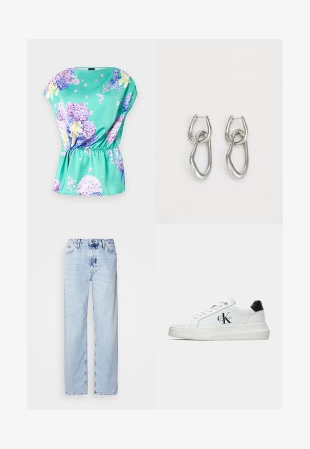 Top floreale in tessuto turchese con vestibilità ampia, caratterizzato da motivi floreali viola e gialli, vita arricciata e maniche a cappuccio.; Jeans a gamba larga di un blu chiaro, realizzati in denim, con vita alta, lavaggio sbiadito e un sottile motivo tie-dye sulla parte anteriore.; Sneaker bassa bianca con tassello nero sul tallone, suola a piattaforma, lacci e logo "CK" di Calvin Klein sul lato.; Calvin Klein STATEMENT LINKS - Orecchini - silver-coloured