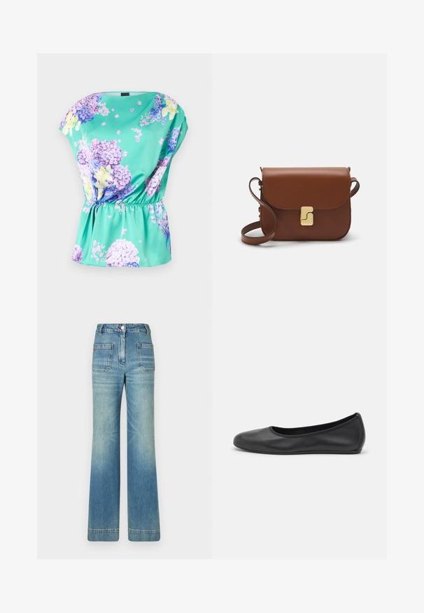 Kukka-aiheinen toppi turkoosista kankaasta, jossa on väljä leikkaus. Toppissa on lilat ja keltaiset kukkakuviot, kerrostettu vyötärö ja hihaton malli.; Vaaleansiniset farkut leveällä lahkeella, joissa on viisi taskua, vyölenkit, nappisulku ja hieman haalistunut pinta, sekä punainen logotyyppitys takana.; Musta nahkainen ballerina, jossa on pyöristetty kärki, sileä pinta, minimaalinen ommelkoristelu ja joustava pohjamuotoilu.; Ruskea nahkainen käsilaukku, jossa on läppäkiinnitys, kultasävyiset yksityiskohdat, olkahihna ja sileä pinta. Kompaktin suorakaiteen muotoinen.