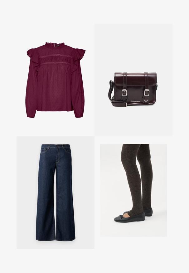 Burgundijas blūze ar volāniem pie piedurknēm, ar smalkiem savērpšanas elementiem krūšu daļā, izgatavota no viegla auduma ar smalku punktainu tekstūru.; Platas kājas džinsi tumši zilā denima krāsā. Iespējas ir kontrastējošās vīles, piecas kabatas un pogu aizdare jostasvietā. Gluda tekstūra.; Melnas plakano formas kurpes ar mazu loku uz pirksta, apvienotas ar tumši brūnām ribotām zeķubiksēm. Kurpēm ir gluda tekstūra un zems profils.; Burgundijas lakotas ādas crossbody soma ar taisnstūrveida formu, divām siksnām, sudraba krāsas aksesuāriem un vāku ar aizdari.
