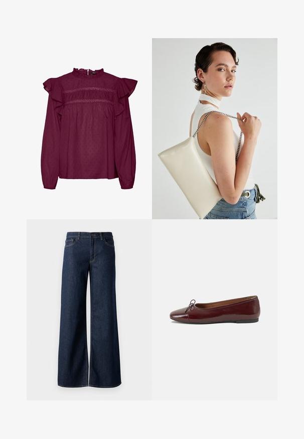 Burgundy blus med volangärmar, smockdetaljer vid bröstet, tillverkad av lätt material med en subtil prickig textur.; Breda jeans i mörkblå denim. Har kontrastsömmar, fem fickor och en knappstängning vid midjan. Slät textur.; Burgunderfärgad lackläderballettskor med rund tå, liten rosettdekoration fram och en låg, svart gummisula. Slät textur.; Vitt rektangulärt clutch-väsk i glänsande material, med en kedjesnor i silver. Modellen poserar och visar upp väskan mot en neutral bakgrund.