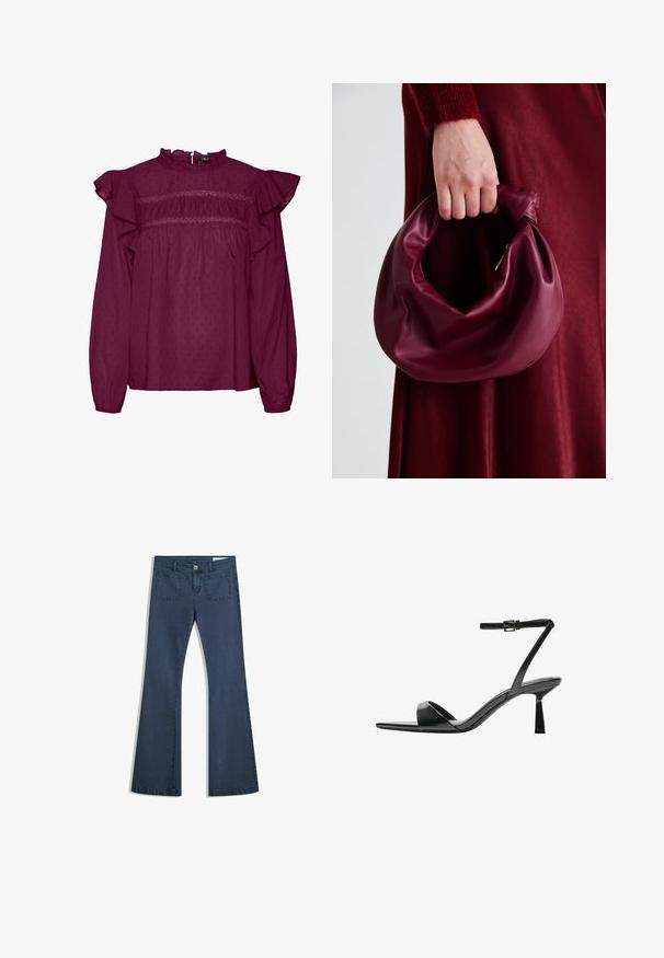 Bluză burgundă cu mâneci volănașe, detalii cu brâu elastic la piept, fabricată dintr-un material ușor, cu o textura punctată subtilă.; Jeans din denim de un albastru închis, cu o croială evazată, buzunare cusute, închidere cu nasture și o textură netedă. Are un design clasic cu cinci buzunare.; Bershka Sandale cu toc - black; Geantă de mână din piele burgundă, cu un design moale și pliat și o formă rotundă. Mânerele sunt securizate, evidențiind o textură netedă.