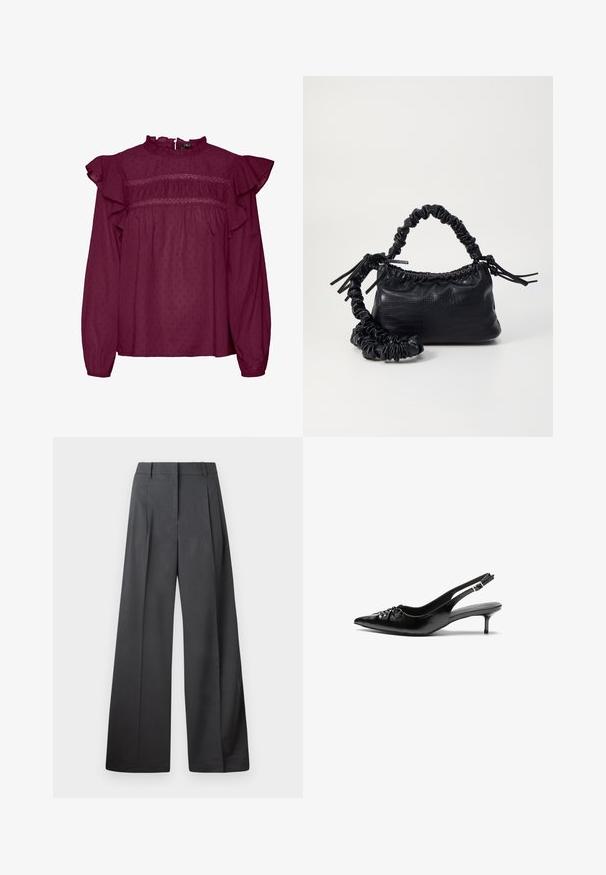 Blusa burgundy com mangas franzidas, detalhes pregueados no peito, feita de um tecido leve com uma textura pontilhada subtil.; Calças de perna larga em tecido cinza escuro, apresentando uma cintura alta, pregas simples e uma textura suave com um acabamento limpo nas bainhas.; Sapatos de salto alto slingback em couro preto com bico fino, pequeno salto kitten e um detalhe decorativo em forma de nó na parte da frente. Textura suave em toda a parte.; Bolsa de mão em couro sintético preto com textura de crocodilo, topo franzido e alça enrugada. Apresenta um design suave e compacto.