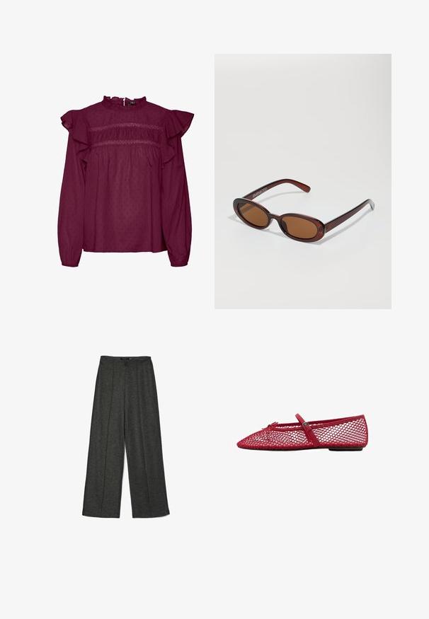 Blusa bordeaux con maniche arricciate, dettagli smock sul petto, realizzata in tessuto leggero con una sottile trama a pois.; Pantaloni larghi grigio scuro realizzati in tessuto testurizzato, caratterizzati da una vita alta e due pince anteriori per un tocco di design in più.; Ballerine in rete rossa con punta affusolata, dotate di una sottile cinghia e dettaglio a fibbia. La parte superiore presenta un motivo aperto a nido d'ape.; Occhiali da sole rotondi con tonalità marrone, montatura lucida color bordeaux. Aste sottili con un sottile dettaglio del marchio. Design delle lenti piatte.