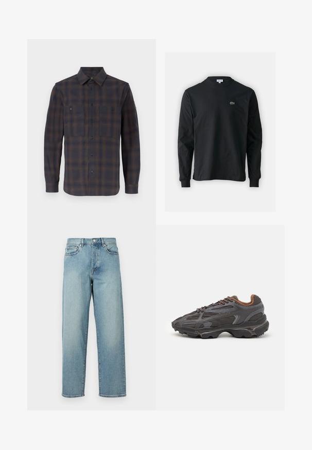Camicia in flanella a maniche lunghe con motivo a scacchi blu scuro e marrone. Presenta un colletto classico, due tasche sul petto e chiusure a bottone.; T-shirt a maniche lunghe nera in cotone, con scollatura rotonda e un piccolo logo di coccodrillo ricamato in verde sul lato sinistro del petto.; Jeans di denim azzurro chiaro con una vestibilità ampia, gambe dritte, design a cinque tasche e chiusura con bottone in vita. Dettagli di cucitura minimalista.; Sneaker Lacoste grigie scure in materiale mesh e sintetico, con suola testurizzata e dettagli marroni sul colletto e sul branding.