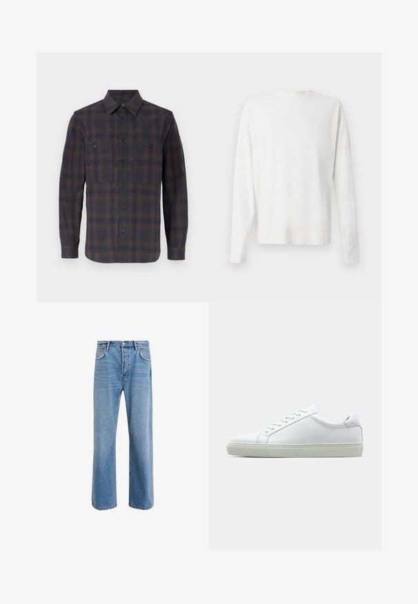 Long-sleeve flannel shirt in dark blue and brown check pattern. Features a classic collar, two chest pockets, and button closures.; Long-sleeved white cotton shirt with a round neckline, side slits at the bottom, and a smooth texture, displayed from the back.; Light blue denim jeans with a straight-leg design, five pockets, button closure, minimal fading, and contrasting stitching details.; White sneaker with a smooth leather upper and a low profile. Features a rounded toe, six eyelets, and a textured rubber sole.