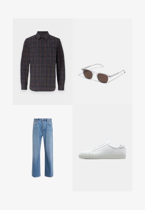 Long-sleeve flannel shirt in dark blue and brown check pattern. Features a classic collar, two chest pockets, and button closures.; Light blue denim jeans with a straight-leg design, five pockets, button closure, minimal fading, and contrasting stitching details.; White sneaker with a smooth leather upper and a low profile. Features a rounded toe, six eyelets, and a textured rubber sole.; Clear plastic sunglasses with rectangular brown lenses, featuring thin, transparent arms and metal accents on the temples.