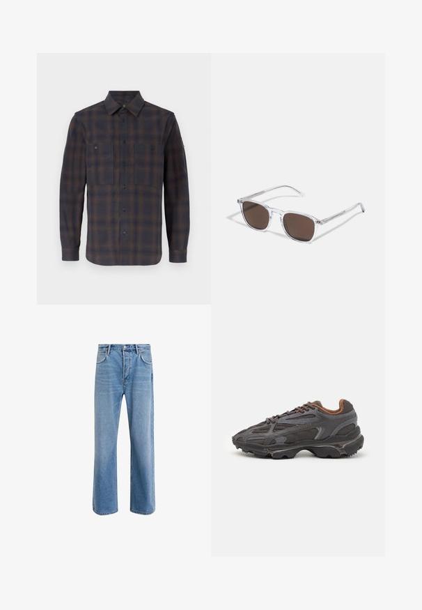 Long-sleeve flannel shirt in dark blue and brown check pattern. Features a classic collar, two chest pockets, and button closures.; Light blue denim jeans with a straight-leg design, five pockets, button closure, minimal fading, and contrasting stitching details.; Lacoste sneakers in dark gray with mesh and synthetic material, featuring a textured sole and brown accents on the collar and branding.; Clear plastic sunglasses with rectangular brown lenses, featuring thin, transparent arms and metal accents on the temples.