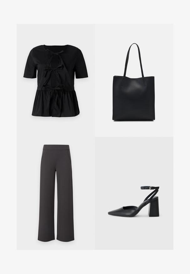 Juodas trumpomis rankovėmis viršus su apvalia iškirpte, su juostos detalėmis priekyje ir susiraukiamu peplum apvadu. Lygi tekstūra.; Platus kojos kelnės tamsiai pilkos spalvos, pasižyminčios lygiu audiniu, elastinga juosta ir dviem priekinių kišenėmis. Lygus priekis.; Juoda odinė smailiagalė aukštakulnio bateliai su kulkšnies dirželiu ir storu kulnu. Lygus paviršius, elegantiškas dizainas ir minimalistiška estetinė. ; Juodas odinis tote krepšys su lygia tekstūra, stačiakampio formos ir dviem ilgais rankenomis. Matomų metalinių detalių ar puošybos nėra.