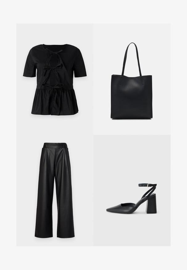 Black short-sleeve top with a round neck, featuring a bow-tie detail at the front and a gathered peplum hem. Smooth texture.; Black, wide-leg trousers made from leather, featuring a high waist, pleats, and two circular buttons on the front for closure.; Black leather pointy-toe pump with an ankle strap and a chunky heel. Flat texture, sleek design, and minimalistic aesthetics.; Black leather tote bag with smooth texture, rectangular shape, and two long handles. No visible hardware or embellishments.