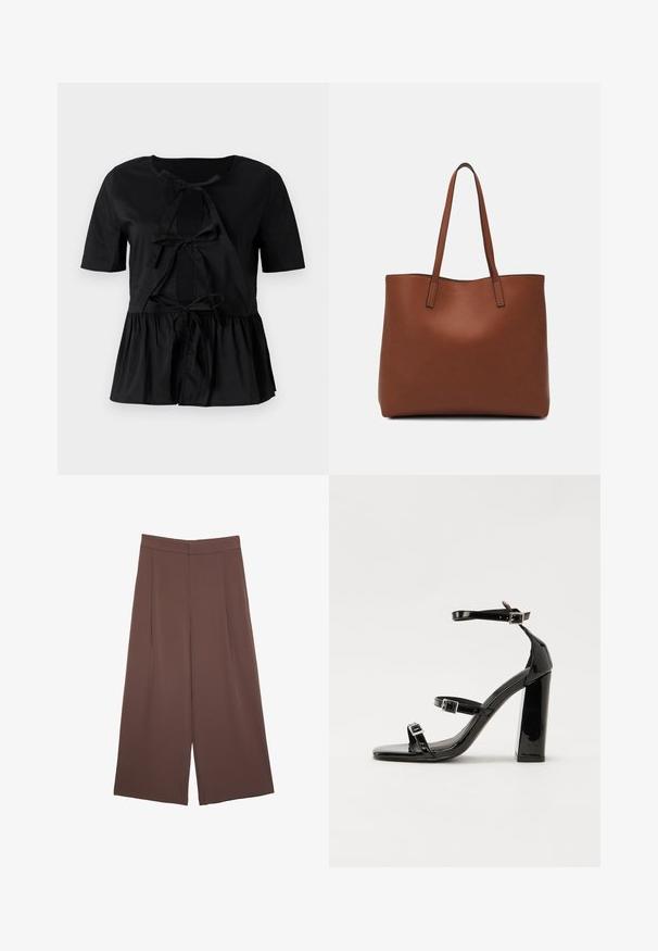 Top corto nero a maniche corte con collo tondo, caratterizzato da un dettaglio a fiocco sul davanti e un orlo a peplo arricciato. Tessuto morbido.; Pantaloni ampi marroni con una texture liscia, caratterizzati da una vita alta e pieghe frontali. Il tessuto è leggero e scorre liberamente.; Sandali con tacco in vernice nera, con punta squadrata, cinturini alla caviglia e fibbie in argento. Presentano un tacco a blocco spesso per maggiore stabilità.; Borsa tote in pelle marrone con texture liscia, design con apertura superiore e due spallacci. Presenta cuciture minime e nessun hardware visibile.