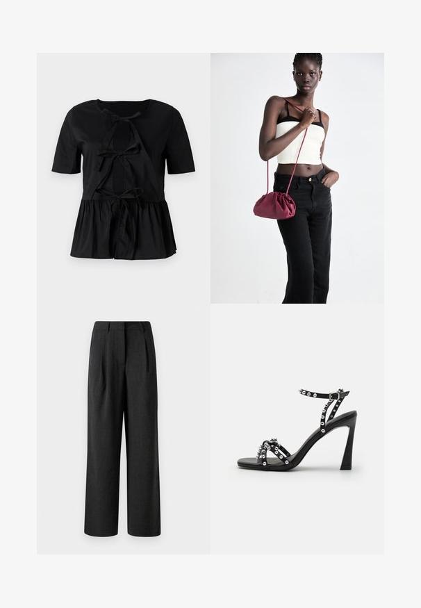 Black short-sleeve top with a round neck, featuring a bow-tie detail at the front and a gathered peplum hem. Smooth texture.; Black wide-leg trousers made of textured fabric, featuring front pleats and a tailored waistband, designed for a loose fit.; Black high-heeled sandal with a wide strap, studded accents, and a sleek design; features a buckle closure and a smooth finish.; Burgundy soft fabric handbag with a gathered design and a long strap, worn crossbody. Model wears a white crop top and black jeans.